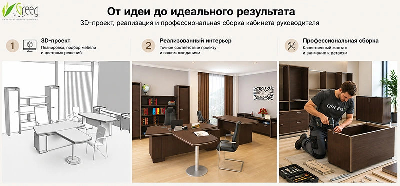 3D-проект кабинета рядом с фотографией реализованного интерьера и процессом профессиональной сборки мебели