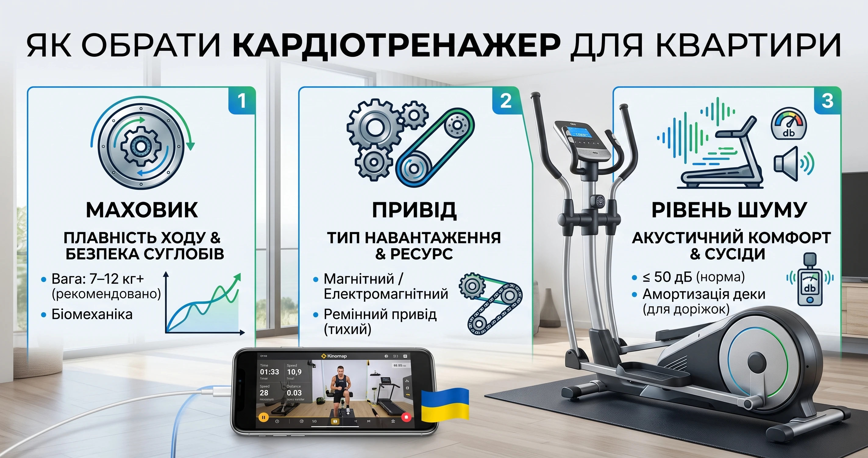 Як обрати кардіотренажер для квартири за технічними параметрами: маховик, привід, рівень шуму